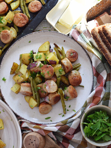 Sheet pan dinner on a serving plate.