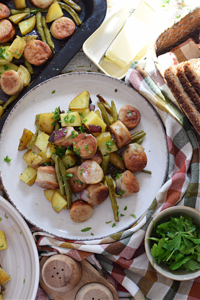 Sheet pan dinner on a serving plate.