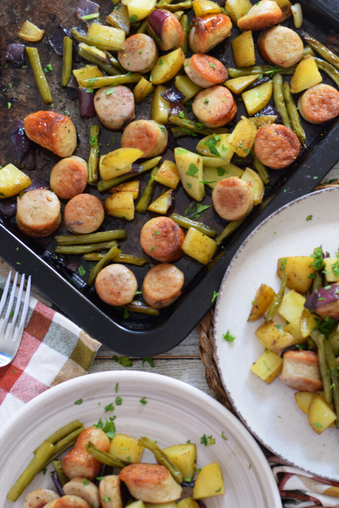 Sausage and potato dinner on a sheet pan.