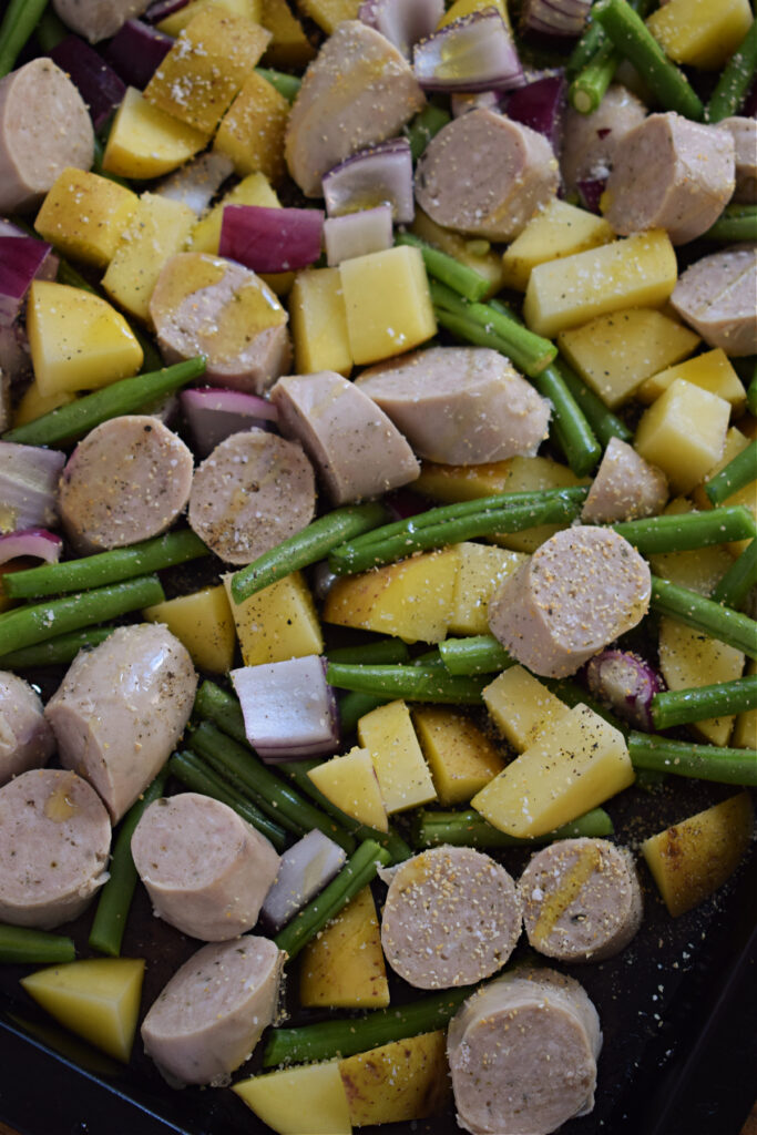 Ready to bake sheet pan dinner.