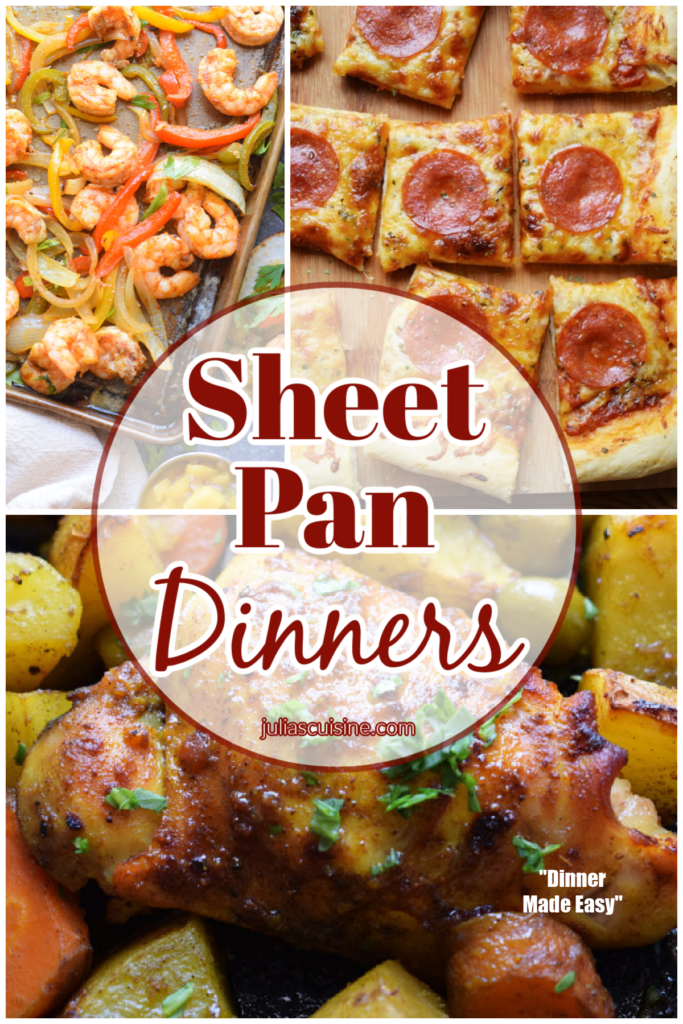 Photo collage of sheet pan meals.