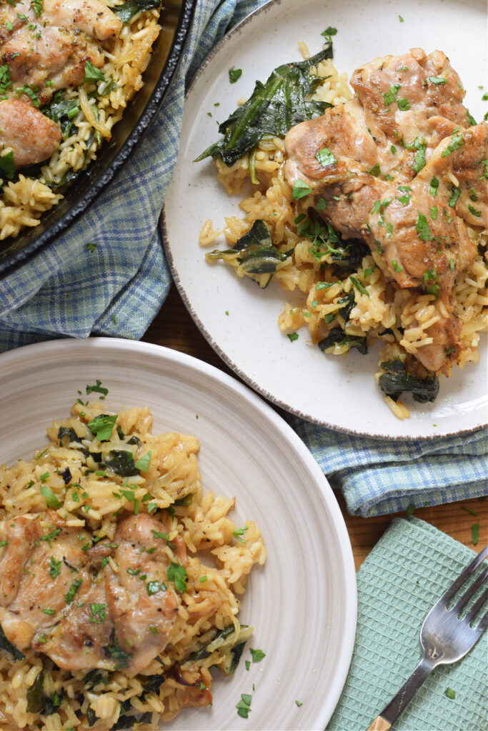 Chicken and rice on serving plates.