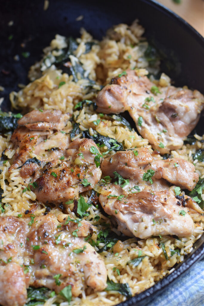 Close up of chicken and rice in a skillet.