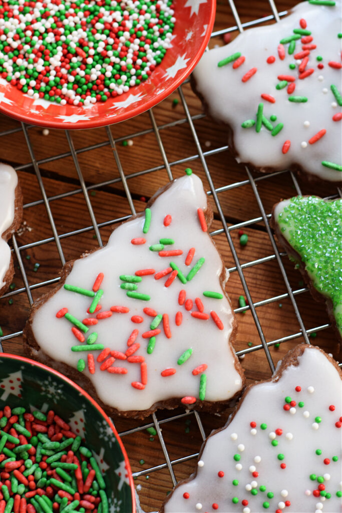 Chocolate Christmas tree shortbread cookies.