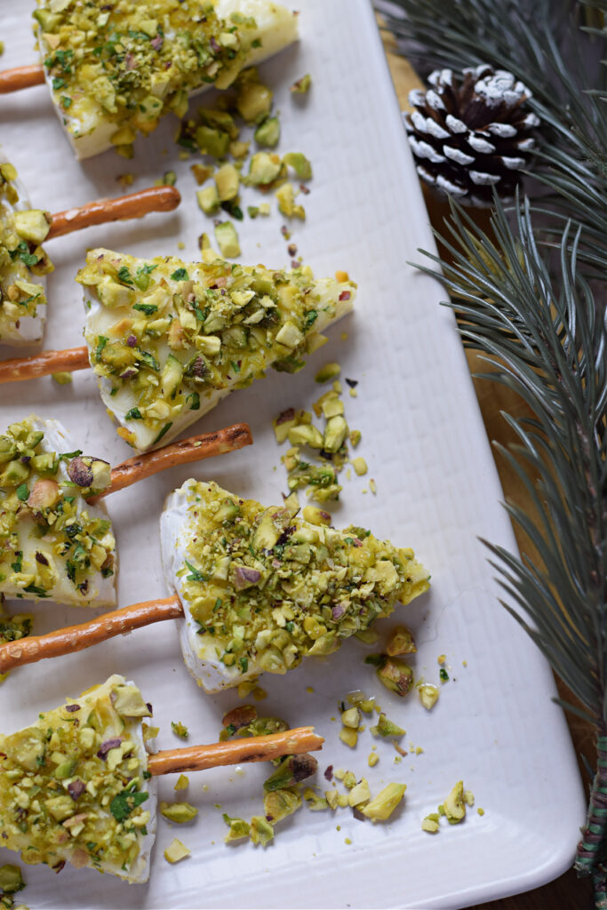 Close up of mini christmas tree appetizer bites.