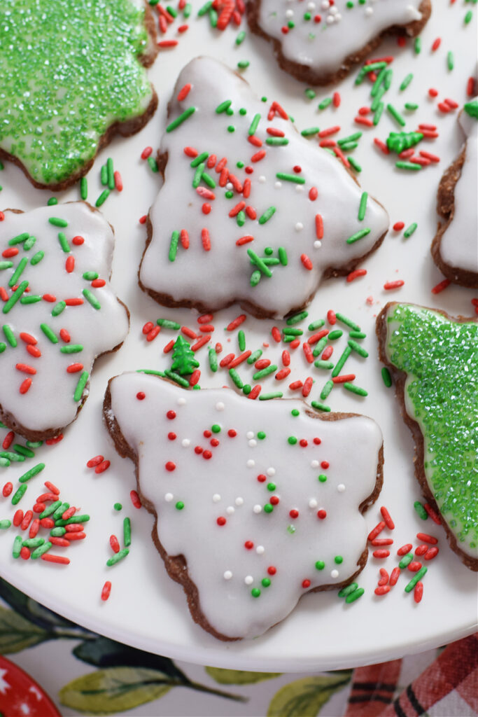 Close up of chocolate Christmas tree shortbread.