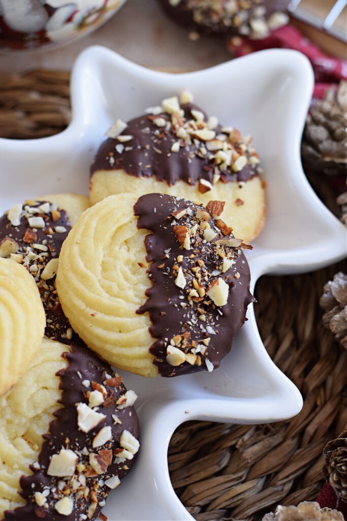 Close up of chocolate dipped shortbread cookies.