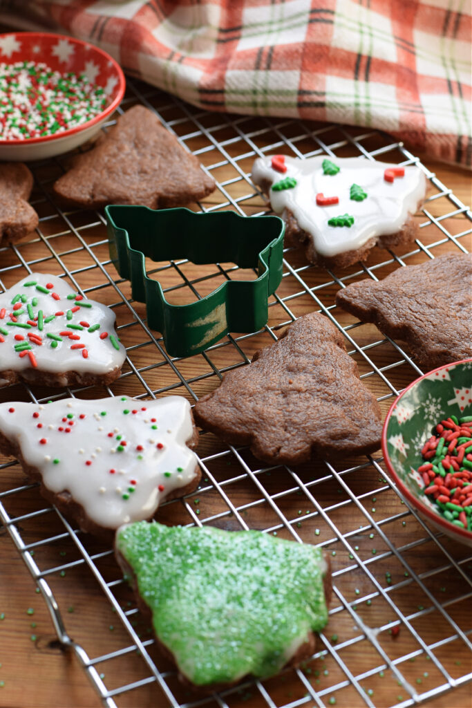 Decorated chocolate shortbread cookies.