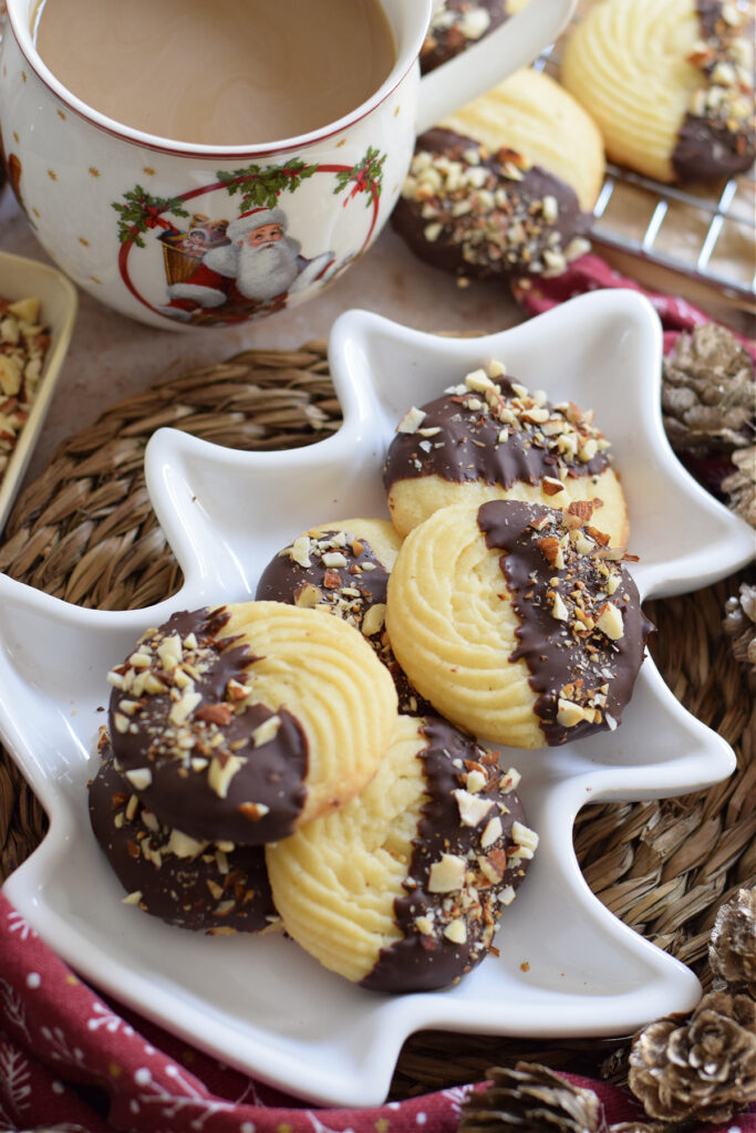 Shortbread cookies in a white serving plate.