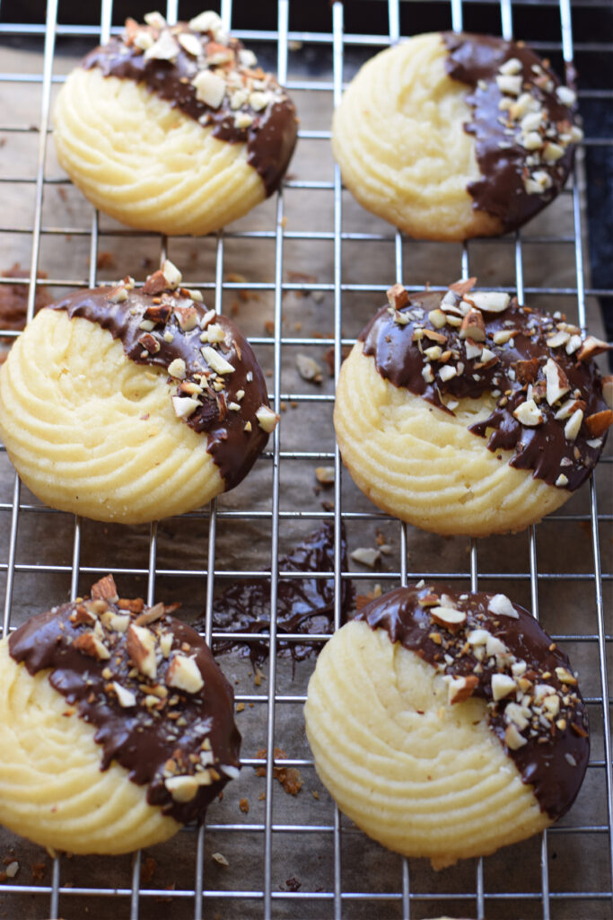 Chocolate topped shortbread cookies.