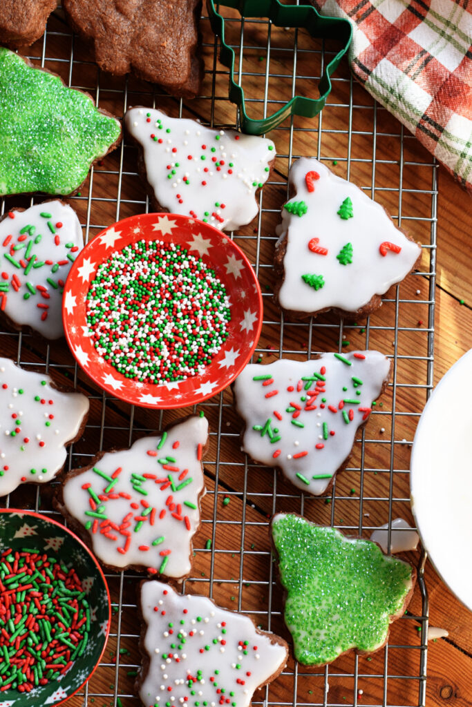 Chocolate Christmas tree shortbread cookies.