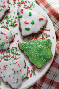 Close up of Christmas tree shortbread.