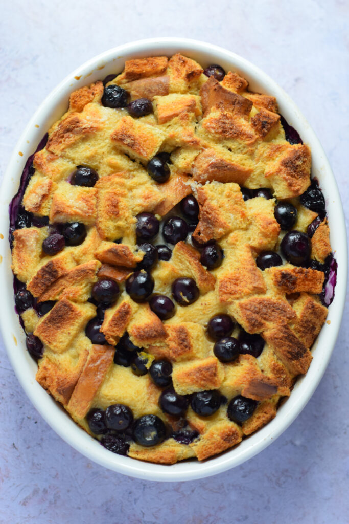 Baked blueberry and brioche bread pudding.