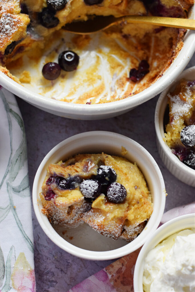 Blueberry bread pudding in a serving dish.