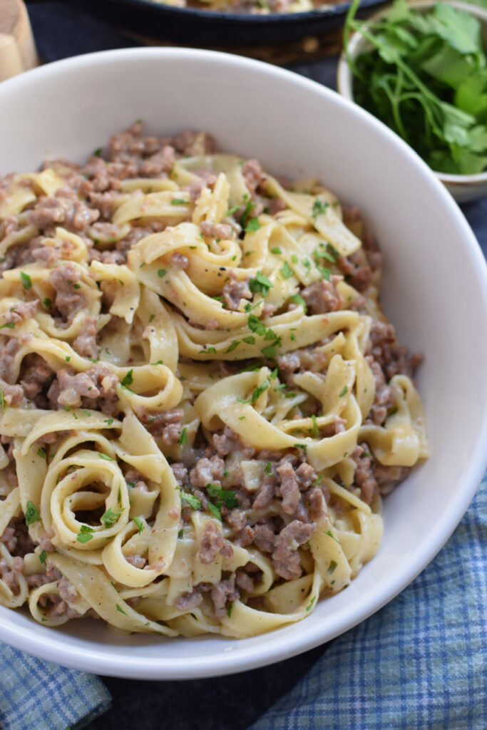 Ground beef stroganoff in a bowl.