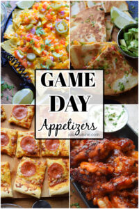 Photo collage of game day appetizers.