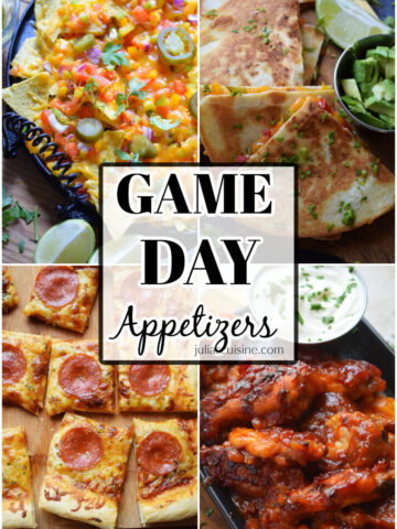 Photo collage of game day appetizers.