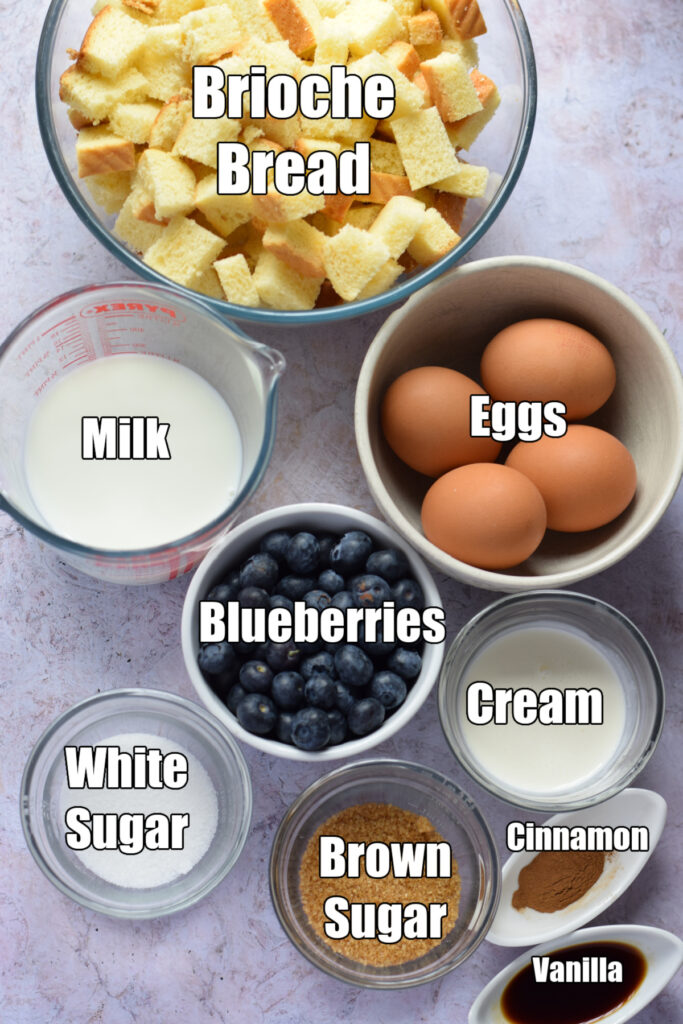 Ingredients to make blueberry brioche baked pudding.