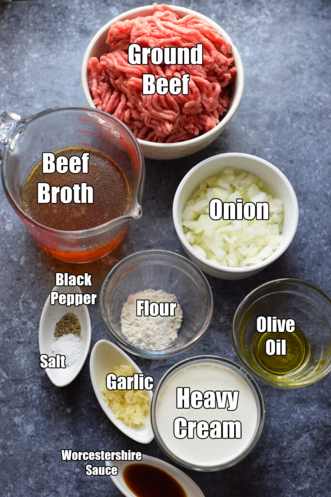 Ingredients to make ground beef stroganoff.