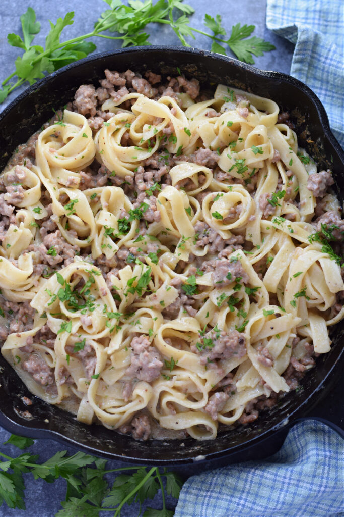 Skillet ground beef pasta.