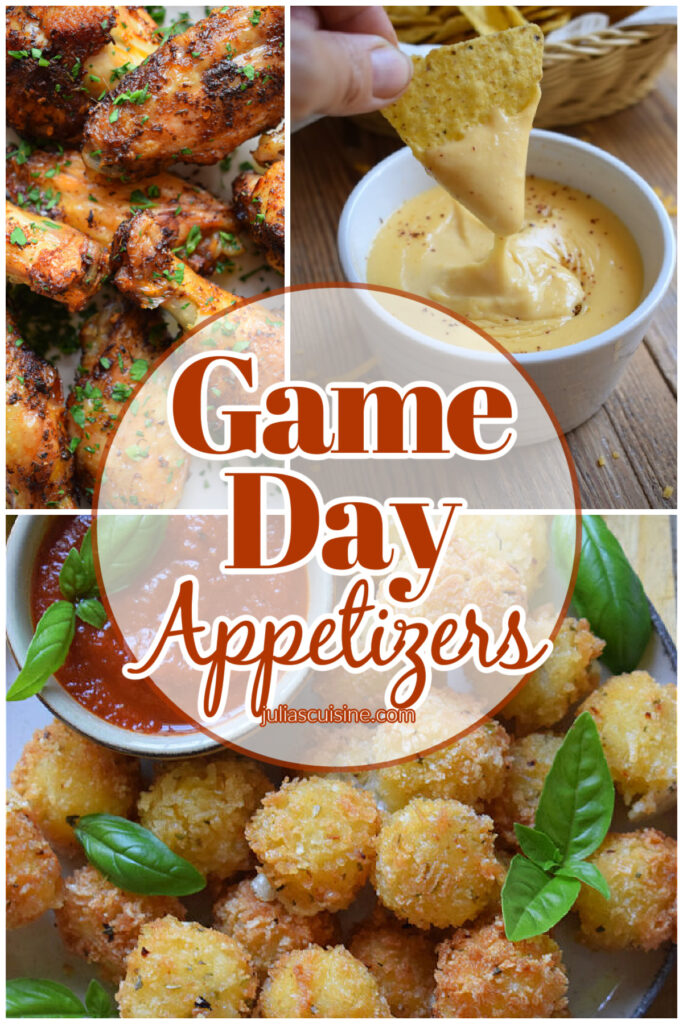 Photo collage of game day appetizers.