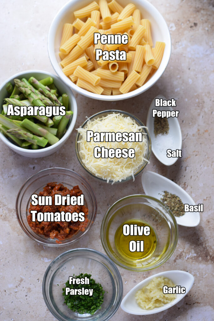 Ingredients to make sun dried tomato and asparagus pasta.