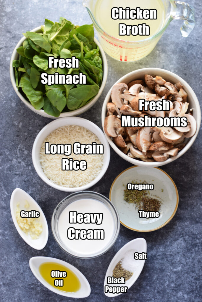 Ingredients to make spinach mushroom rice.