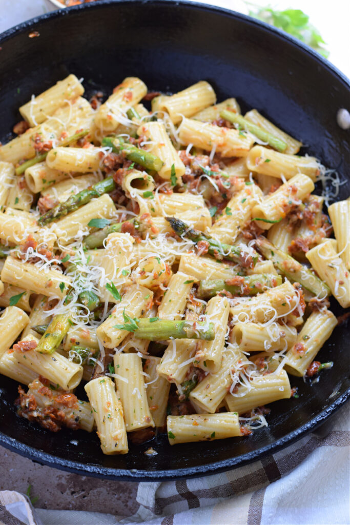 Sun dried tomato and asparagus pasta.