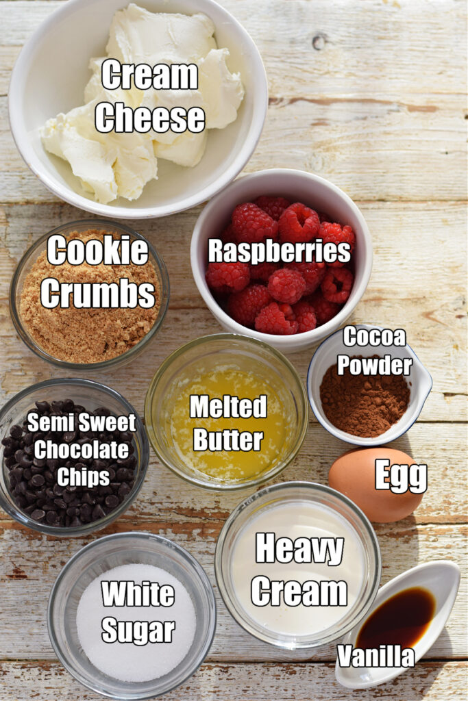 Ingredients to make a chocolate cheesecake tart.