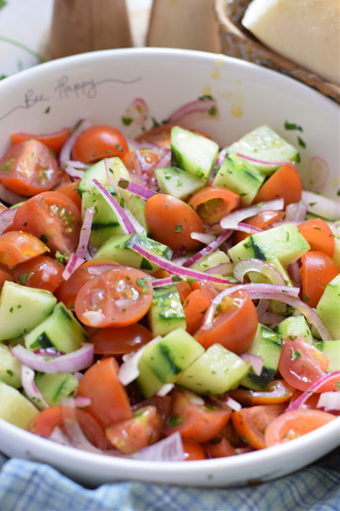 close up of tomato cucumber salad.