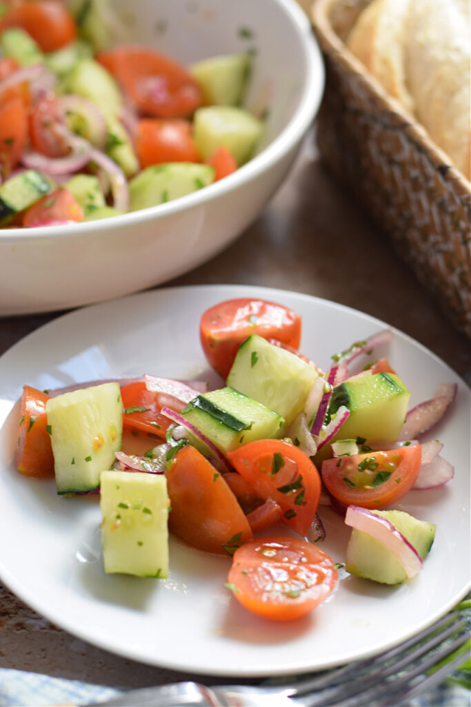 Close up of a fresh salad on a plate.