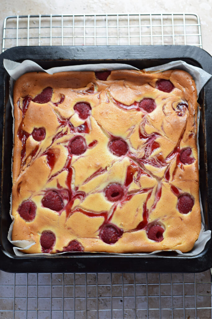 Baked cheesecake squares in a baking pan.