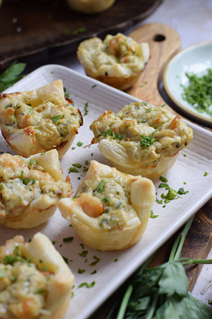 Close up of shrimp puff pastry appetizer.