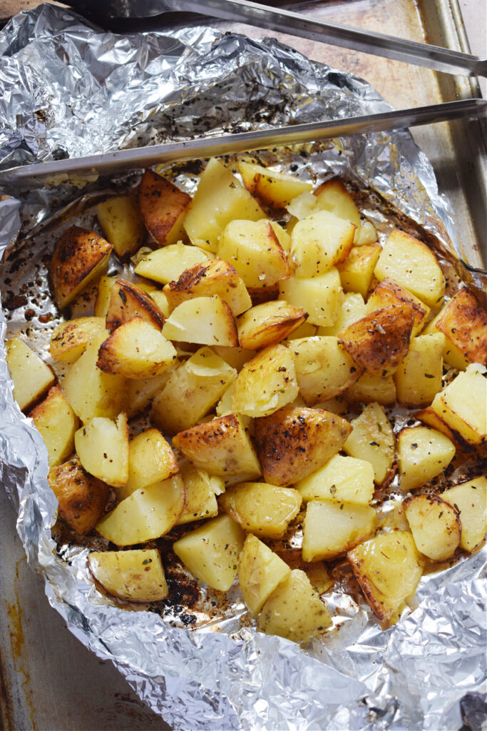 Cooked potatoes in foil.