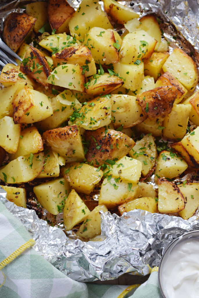 Potatoes in tin foil.