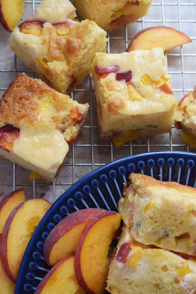 Cream cheese peach cake squares.