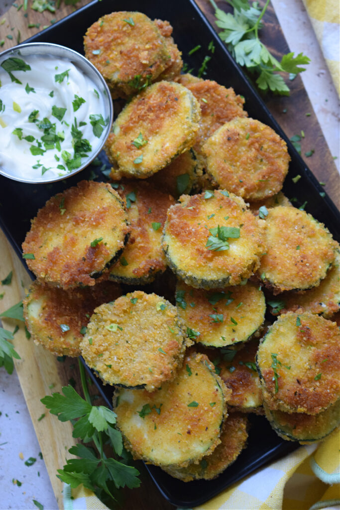 Fried zucchini on a tray.