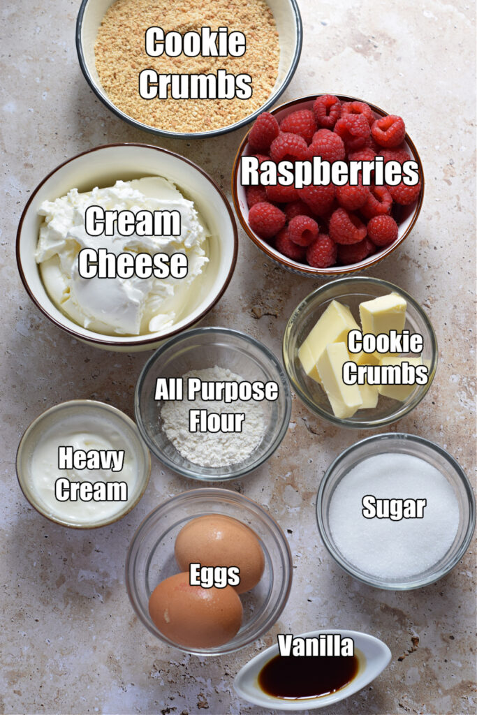 Ingredients to make raspberry cheesecake bars.