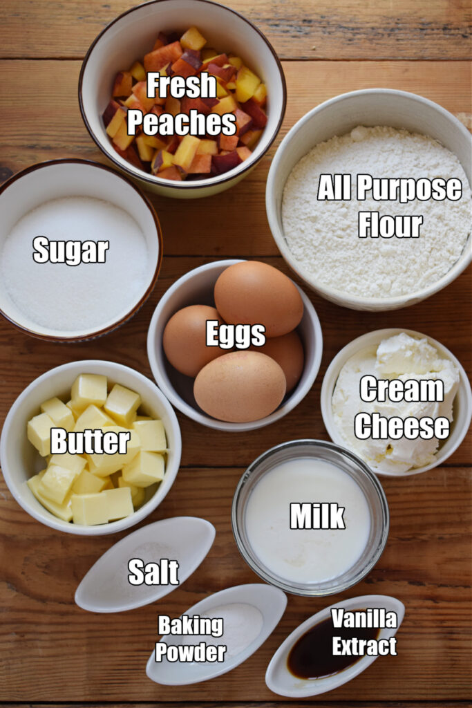 Ingredients to make cream cheese peach cake squares.