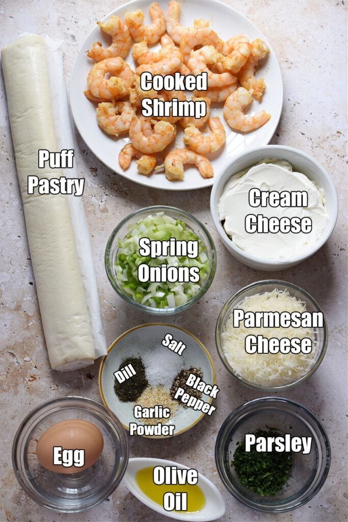 Ingredients to make shrimp puff pastry appetizer.
