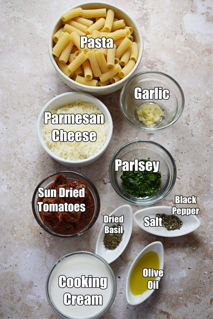 Ingredients to make sun dried tomato penne pasta.