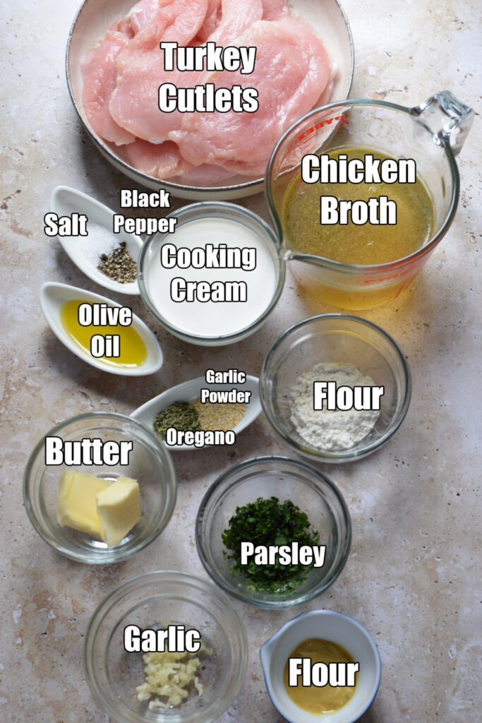 Ingredients to make turkey cutlets with Dijon mustard sauce.