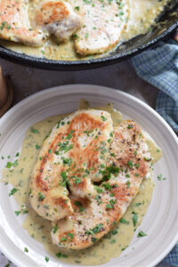 Turkey cutlets cooked in a creamy mustard sauce.
