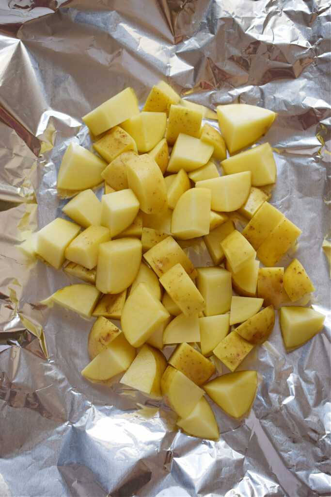 Potatoes on tin foil.