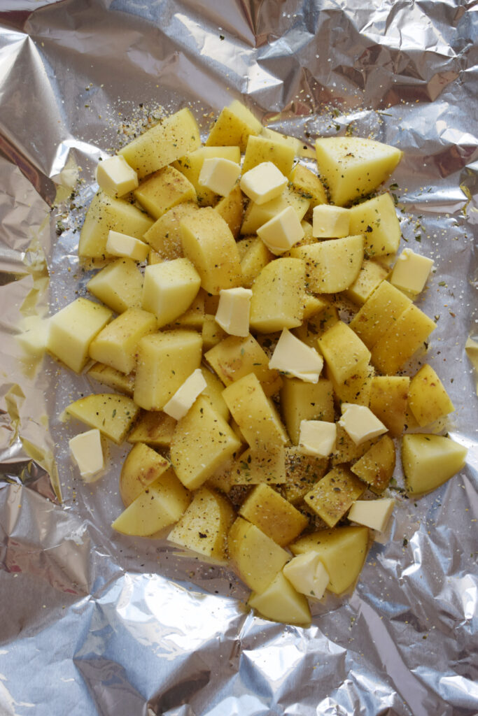 Potatoes on tin foil.