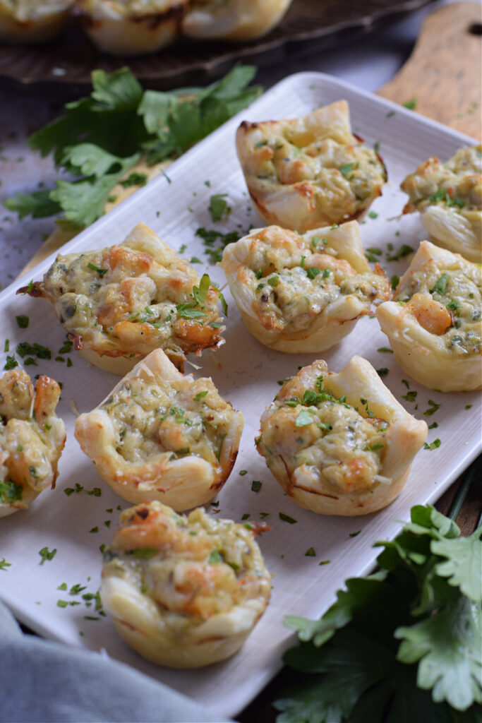Close up of shrimp appetizers on a plate.