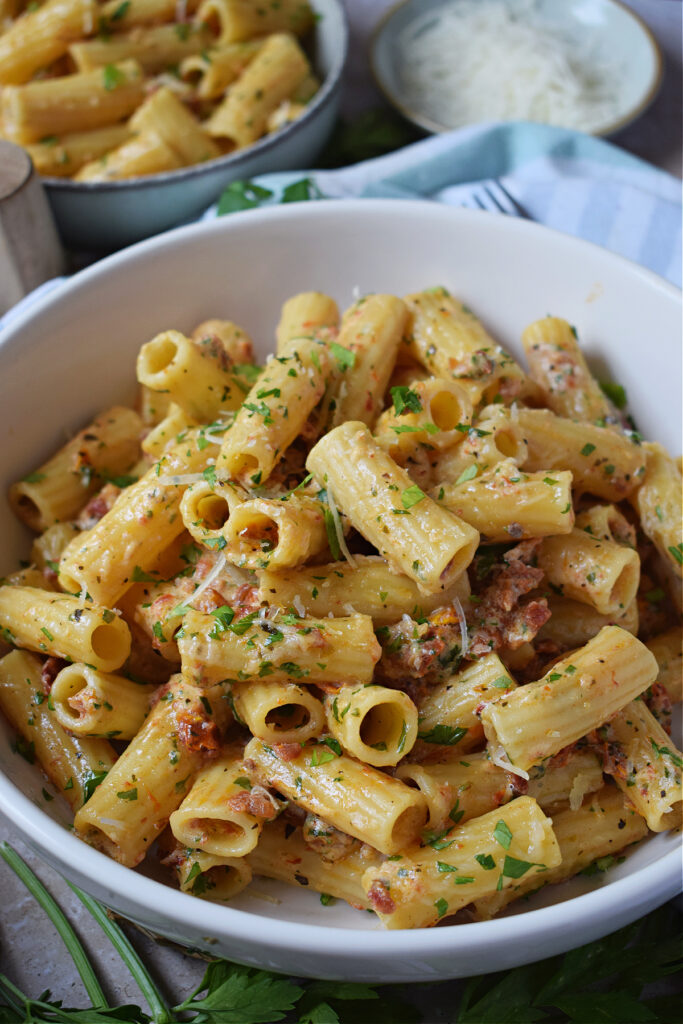 Close up of tomato pasta.