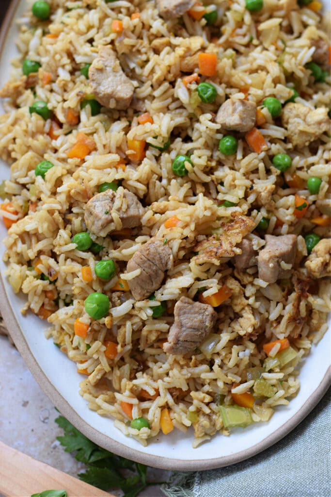Close up of pork fried rice on a white serving plate.