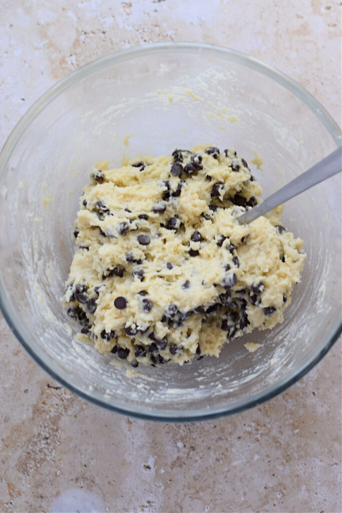 Chocolate chip scone batter in a bowl.