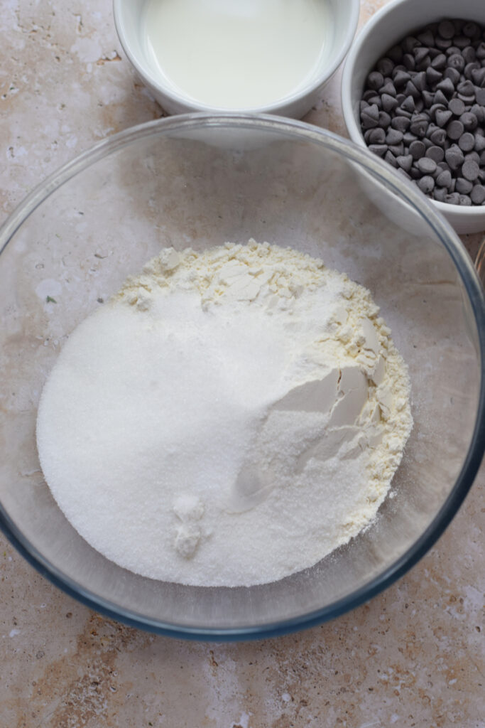 Dry ingredients in a glass bowl.